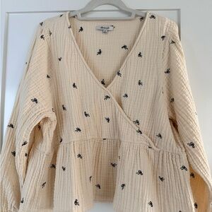 Madewell Cream Embroidered Wrap Blouse